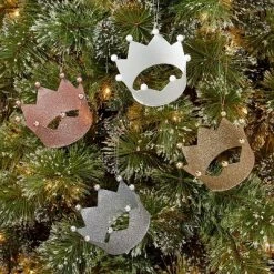 4pk Metal Glitter Crown Christmas Tree Ornament Set White - Wondershop™