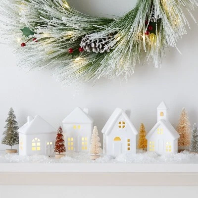 10pc Battery Operated Decorative Ceramic Village Kit White with Neutral Trees - Wondershop™ 1 10pc Battery Operated Decorative Ceramic Village Kit White with Neutral Trees - Wondershop™