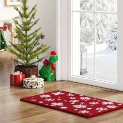 Wondershop Sales 24 1'2"x2'6" Flocked Snowflakes Doormat Red/White - Wondershop™