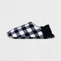 Adult Buffalo Check Plaid Fleece Lined Pull-On Slipper Socks with Huggable Heel & Grippers - Wondershop™ Black/White