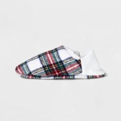 Adult Festive Plaid Faux Shearling Lined Pull-On Slipper Socks with Huggable Heel & Grippers - Wondershop™ Ivory
