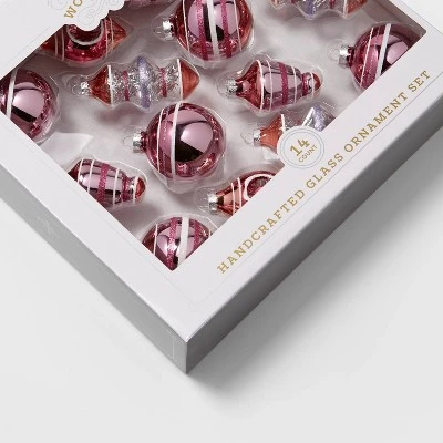 14ct Striped Glass Christmas Tree Ornament Set - Wondershop™ White/rose/magenta/purple 2 14ct Striped Glass Christmas Tree Ornament Set - Wondershop™ White/rose/magenta/purple - Image 2