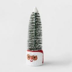 11" Pre-lit Flocked Bottle Brush Tree in Ceramic Santa Pot - Wondershop™